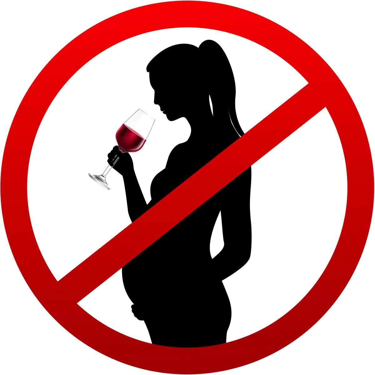 Die Silhouette einer schwangeren Frau, die aus einem Weinglas trinkt. Darüber liegt ein Verbots-Symbol in Form eines rot umrandeten Kreises mit einem diagonalen Strich durch die Mitte. Alkoholkonsum während der Schwangerschaft ist strikt verboten, da dadurch FASD ausgelöst werden kann.